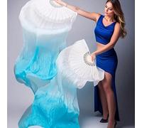 2 pezzi Set di ventagli da danza sfumati - Elegante sfumatura dal blu al bianco, ventagli in seta artificiale e bambù lunghi, adatti per la danza del ventre, esibizioni e pratica [Leggera stampa offse