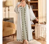 2 pezzi Set di vestaglia e camicia da notte con ricamo floreale vintage e pizzo traforato, manica lunga, per taglie forti 0XL,1XL,2XL,3XL,4XLPiante,stampa dappertuttoTessuto intrecciato