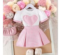 2 pezzi Set di vestitino estivo per bambina composto da maglietta bianca a costine a maniche corte carina + gonna a quadri rosa, leggero 6-9M,9-12M,12-18M,18-24M,2-3YVichyTessuto