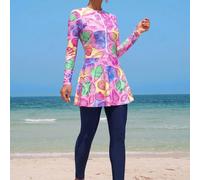 2 pezzi/set Donna Base bianca Stampa casuale di conchiglie colorate Manica lunga Mezza chiusura lampo Top aderente e Abito a-line con pantaloni aderenti, Burkini per signore del Medio Oriente L,M,S,XL