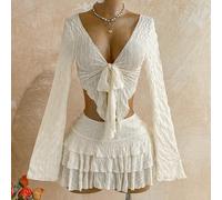 2 pezzi/Set Donna Copri-Abito Manica Lunga Monocolore con Fiocco + Minigonna, Casual Vacanza, Appuntamento, Tè Pomeridiano, Spiaggia, Crociera, Viaggio in Città, Festival Musicale, Festa, Stile Boho,