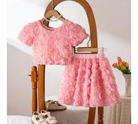 2 pezzi/set Elegante completo da ragazza con top rosa a maniche corte con scollo a V e decorazioni floreali 3D + gonna a tutu, adatto per feste principesse 6Y,7Y,4Y,5YPianteTessuto