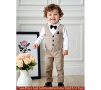 2 pezzi Set elegante da gentiluomo per bambino maschio, composto da gilet decorativo monopetto finto e pantaloni casual a vita elastica, senza camicia né accessori come papillon, in tessuto morbido e 