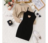 2 pezzi Set elegante di vestiti per ragazze pre-adolescenti, include un abito a canotta con stampa a cuori e una maglia a maniche lunghe monocromatica, comodo e casual per uso quotidiano, adatto a fes