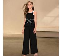 2 pezzi/set Elegante e alla moda set di canottiera e pantaloni per ragazze pre-adolescenti, design a blocchi di colore bianco e nero con fiocco e cintura in vita, silhouette lusinghiera, adatto per us