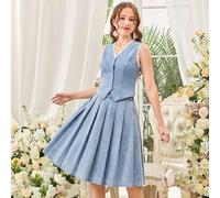 2 pezzi/Set Elegante Gilet Senza Maniche in Denim Azzurro Chiaro & Minigonna Plissettata per Ragazze Adolescenti, Adatto per Primavera ed Estate, Outfit Vintage/Spiaggia/Mare/Elegante per la Laurea, O