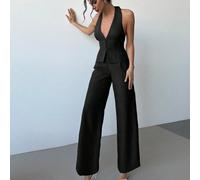 2 Pezzi Set: Elegante Gilet Smanicato in Lino Leggero con Colletto e Apertura Frontale & Pantaloni Larghi a Vita Alta con Pieghe, Completo Casual Chic per Pendolari, Adatto per Primavera/Estate in Aut