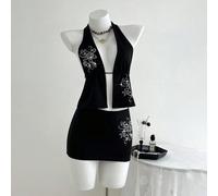 2 pezzi Set estivo composto da canotta con scollo a V profondo e stampa floreale luccicante, e mini gonna attillata a vita bassa, stile sexy American Babe L,M,S,XLColore unicoTessuto