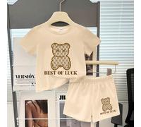2 pezzi Set estivo per bambino - T-shirt a maniche corte con stampa di lettere e orsi, e pantaloncini 6-9M,9-12M,12-18M,18-24M,2-3YAnimale,Fumetto,LettereTessuto,Tessuto in maglia