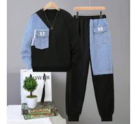 2 pezzi/Set Felpa con cappuccio e pantaloni della tuta in denim patchwork per ragazzi pre-adolescenti, outfit in stile street fashion con patchwork in denim 8Y,9Y,10Y,11Y,12YBlocchi di colore,LettereD