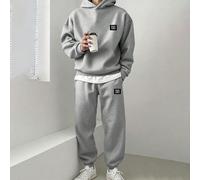 2 pezzi Set: Felpa con cappuccio termica con grafica slogan "Mai perdere il cuore e continuare ad esplorare la vita" in grigio classico e pantaloni della tuta con vestibilità rilassata, completo sport