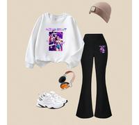 2 pezzi/set Felpa e Felpa con cappuccio per Ragazze Giovani, Felpa girocollo a maniche lunghe con stampa di lettere e Outfit casual a zampa d'elefante, Autunno/Inverno 8Y,9Y,10Y,11Y,12YFumetto,Geometr