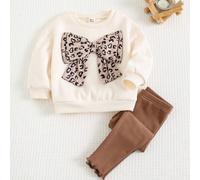 2 pezzi/set Felpa girocollo a maniche lunghe con decorazione fiocco e stampa leopardata e pantaloni in vita elastica di colore unito, outfit per ragazze in autunno/inverno, set con stampa cheetah e fi