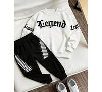 2 pezzi/Set Felpa girocollo e pantaloni della tuta alla moda minimalista e comoda per ragazzi pre-adolescenti, outfit autunnale, design grafico con lettere inglesi alla moda minimalista, adatto per ri