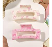2 pezzi/set Fermagli per capelli con stampa UV a fiocco rosa, cartone animato fresco e dolce, in materiale ABS. Combo di fermagli per capelli quadrati eleganti bianchi e rosa, atmosfera semplice ed el