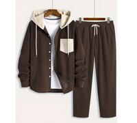 2 pezzi/Set Giacca con cappuccio in velluto a coste da uomo, con bottoni a contrasto, coulisse, tasche inclinate, casual, alla moda, stile scolastico, adatto per uso quotidiano, pendolarismo, versatil