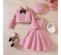 2 pezzi/set giacca corta + vestito a salopette per giovani ragazze, con berretto basco a fiocco, autunno/inverno 6Y,7Y,4Y,5Y,2-3YColore unicoPoliestere
