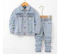 2 pezzi/Set Giacca di jeans blu strappata e sfilacciata semplice e casual, e Jeans skinny blu per bambini, per abbigliamento quotidiano di ragazzi, per autunno/inverno e per il ritorno a scuola per ba