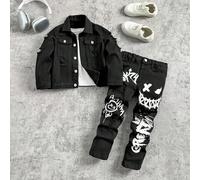 2 pezzi/set Giacca di jeans nera con stampa graffiti bianchi e pantaloni skinny elasticizzati per ragazzo giovane 6Y,7Y,4Y,5YHalloweenDenim