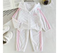 2 pezzi/Set Giacca e pantaloni primavera/autunno per bambine, alla moda versatile dolce e carino con base crema e stampa a pois rosa e fiocchi, giacca con cappuccio e maniche lunghe con cerniera e str