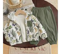 2 pezzi/Set Giacca leggera con cappuccio e stampa di dinosauri cartoni animati a contrasto di colore e pantaloni tinta unita per bambino, adatta per primavera, estate, autunno e viaggi all'aperto 6-9M