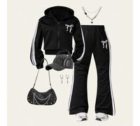 2 pezzi/set Giacca nera alla moda abbinata a pantaloni neri per ragazze pre-adolescenti, tessuto morbido e confortevole, adatto per uscite, sport, fotografia, ritorno a scuola stagione 2025, outfit es