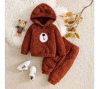 2 pezzi/Set Giacca pullover con cappuccio a orecchie 3D ricamata con orsetto in flanella spessa e pantaloni lunghi con vita elastica per neonato maschio, Abbigliamento per bambini, Abbigliamento per n