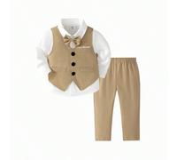 2 pezzi Set Gilet Kaki per Bambini Maschi, include Gilet e Pantaloni con Vita Elastica Abbinati, Esclusa la Camicia. Il Gilet presenta un Raffinato Scollo a V con Tre Bottoni Neri, Taschino sul Petto 