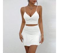 2 Pezzi Set: Gonna attillata mini e Top Canottiera elegante smanicata scollo a V, Outfit sexy adatto, Popolare nel commercio globale nel 2024 L,M,S,XL,XSColore unicoPoliestere,Tessuto in maglia