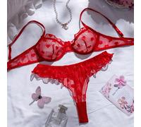 2 pezzi/Set Intimo in rete rosso brillante, reggiseno con ferretto di varie taglie con design push-up minimalista, modella il seno per un aspetto più tridimensionale, perizoma a vita bassa, tessuto mo