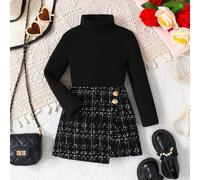 2 pezzi/set, maglietta a collo alto e gonna a quadri per ragazze giovani, adatta per uso quotidiano e per andare al lavoro, autunno 6Y,7Y,4Y,5Ystampa dappertuttoPoliestere