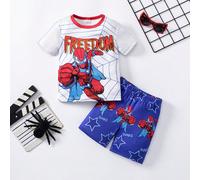 2 pezzi/set, maglietta a girocollo a maniche corte e pantaloncini con blocchi di colore per ragazzo giovane, pigiama aderente con stampa digitale di supereroi, comodo, per primavera/estate 6Y,7Y,8Y,4Y