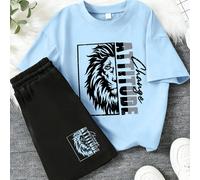 2 pezzi/set Maglietta a girocollo con stampa di leone e lettera + pantaloncini per ragazzi adolescenti, stile casual, nuovo stile estivo, comodo 6Y,7Y,8Y,9Y,10Y,4Y,5Y,11Y,12Y,13YGraficoPoliestere