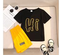 2 pezzi/set Maglietta a girocollo con stampa lettera "Hi" e pantaloncini per bambini piccoli, casual per vacanze estive e scuola, 4-7 anni 6Y,7Y,4Y,5Y,2-3YGraficoPoliestere,Tessuto in maglia