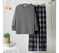 2 pezzi/Set Maglietta a girocollo manica lunga casual e pantaloni a quadri pigiama per ragazzi adolescenti, adatto per relax, pendolarismo, scuola, uso casual quotidiano, viaggio, all'aperto, feste, a