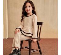 2 pezzi/set Maglietta a maniche a campana con volant e orlo a costine e pantaloni a zampa di elefante, stile sportivo e di moda adatto per la scuola e lo sport, per ragazze giovani 6Y,7Y,4Y,5YA strisc