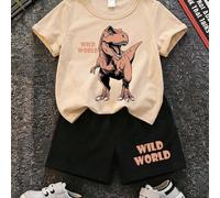 2 pezzi/set Maglietta a maniche corte casual e pantaloncini per ragazzi per l'estate, stampa classica di dinosauro Tyrannosaurus Rex e stampa grafica "Wild World" 6Y,7Y,8Y,4Y,5Y,2-3YAnimaleTessuto in 