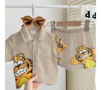 2 pezzi/Set Maglietta a maniche corte con colletto polo e stampa di gatti cartoons + pantaloncini casual per bambini/bambine 6-9M,9-12M,12-18M,18-24M,2-3YAnimale,Fumetto,Blocchi di colore,LettereTessu