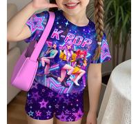 2 pezzi/set Maglietta a maniche corte con scollo rotondo e pantaloncini con stampa di gruppo di ragazze superstars K-pop, adatti per l'estate 6Y,7Y,8Y,4Y,5Y,2-3Ystampa dappertuttoTessuto in maglia