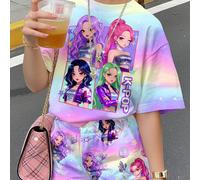 2 pezzi/set Maglietta a maniche corte con scollo rotondo e pantaloncini, stile casual e alla moda, stampa tie-dye e a cartoni animati, adatto per ragazze pre-adolescenti, stile street k-pop, adatto pe