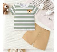 2 pezzi/set Maglietta a maniche corte con scollo rotondo e stampa di orsetto carino e a righe + pantaloncini blu navy per bambino, adatto per uscite estive 6-9M,9-12M,12-18M,18-24M,2-3YA strisceTessut