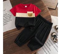 2 pezzi/set Maglietta a maniche corte con scollo tondo e stampa a blocchi di colore e lettera, e pantaloni con vita elastica, adatti per l'abbigliamento casual quotidiano dei bambini, outfit per bambi