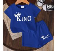 2 pezzi Set maglietta a maniche corte con stampa corona "RE" e pantaloncini larghi casual per bimbi piccoli, estivo 6Y,7Y,4Y,5YGraficoTessuto in maglia