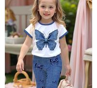 2 pezzi/set Maglietta a maniche corte con stampa farfalla e collo rotondo e pantaloni a zampa per ragazze, outfit casual minimalista adatto per uscite estive, shopping, abbinabile con la sorella 6Y,7Y