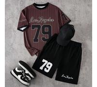 2 pezzi/set Maglietta a maniche corte e pantaloncini casual con stampa a righe da calcio e di Los Angeles per ragazzi adolescenti, primavera/estate 14Y,13Y,16Y,15YGrafico,Lettere,A striscePoliestere,T