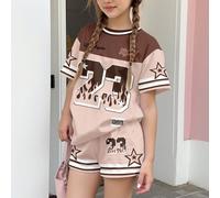 2 pezzi/set Maglietta a maniche corte e pantaloncini casual e morbidi per ragazze adolescenti, completo da corsa, motivo USA Los Angeles No.23, adatto per primavera/estate 14Y,12Y,13Y,16Y,15YGeometric