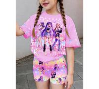 2 pezzi/set Maglietta a maniche corte e pantaloncini casual minimalisti per ragazze adolescenti, con stampe di ragazze cartoni animati, sfumature colorate di dopamina, star del K-pop, "Chill Chill", a