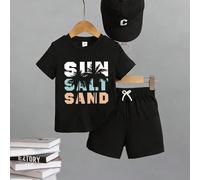 2 pezzi/Set Maglietta a maniche corte e pantaloncini casual multifunzionali minimalisti con stampa a lettere per ragazzi, adatti per attività all'aperto, scuola, vacanze, viaggi, relax, prendere il so