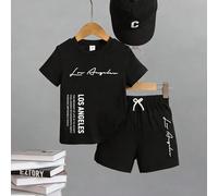 2 pezzi/set maglietta a maniche corte e pantaloncini casual multifunzionali minimalisti con stampa a lettere per ragazzi, adatti per attività all'aperto, scuola, vacanze, viaggi, relax, prendere il so