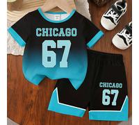 2 pezzi/set Maglietta a maniche corte e pantaloncini casual per bambini piccoli, con stampa a gradiente della lettera 67 di Chicago, comodi per uso quotidiano in primavera, estate e autunno 6-9M,9-12M